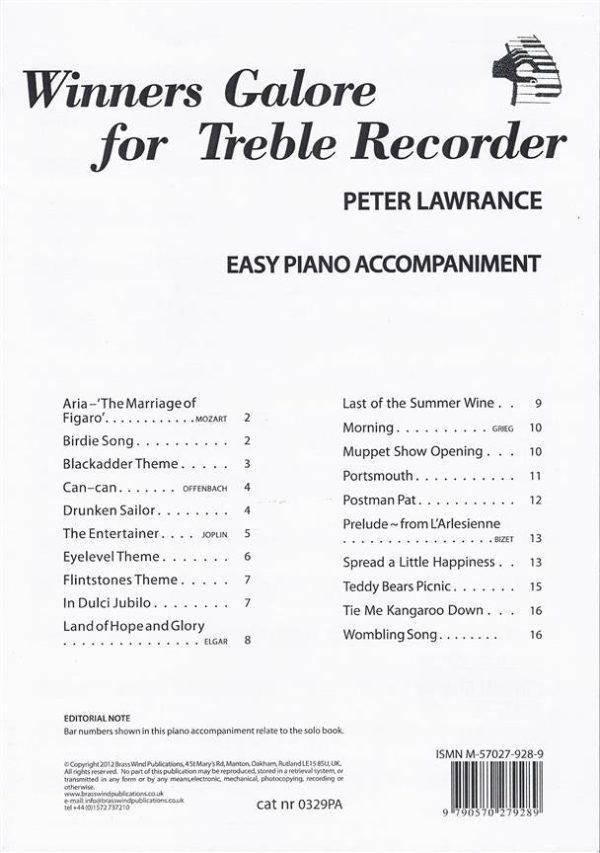 Winners Galore Easy Piano Accompaniment for Treble Recorder Sale